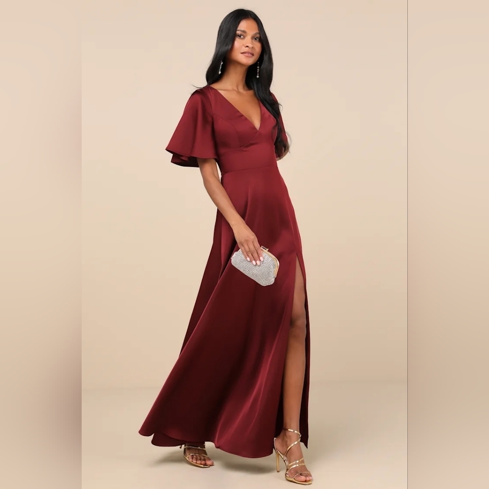 Lulus Elegant Confidence Red Satin Flutter Sleeve… - image 4